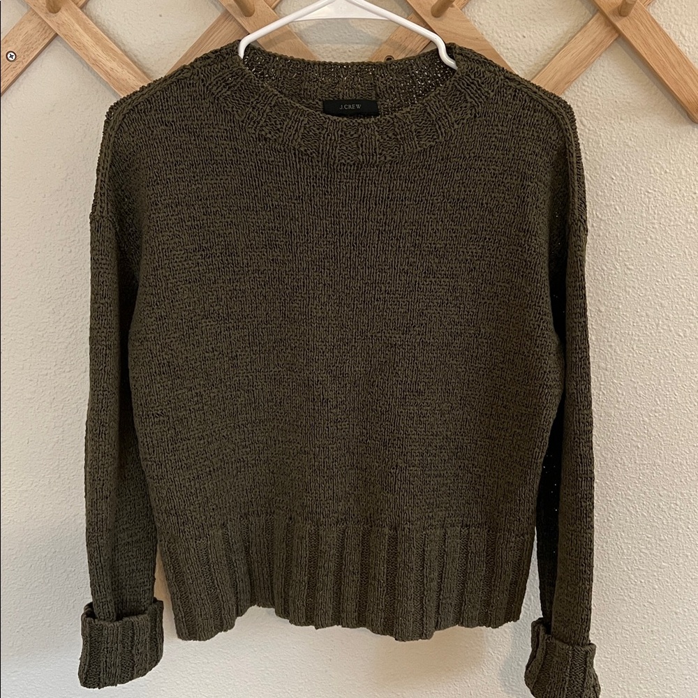 J. Crew Mock Neck Olive Green summer weight Loose Knit Sweater